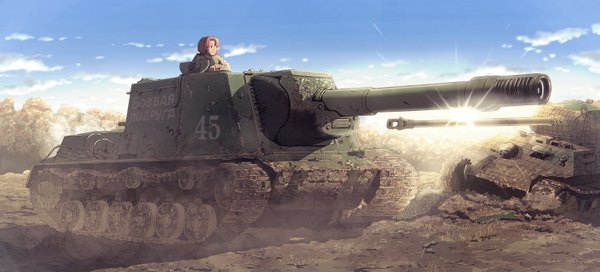 Anime picture 1500x681 with original earasensha wide image sky cloud (clouds) military weapon gun ground vehicle sun tank caterpillar tracks isu-152