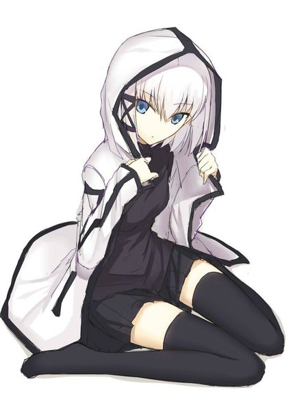 Anime picture 700x988 with original zinnia silane kauto single tall image looking at viewer fringe short hair blue eyes simple background white background sitting white hair pleated skirt open jacket no shoes zettai ryouiki wariza girl skirt
