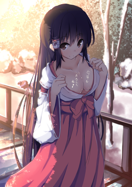 Anime picture 1020x1447 with original shirotaso0818 single long hair tall image blush breasts light erotic black hair smile brown eyes traditional clothes from above wide sleeves snow miko new year happy new year girl hair tubes