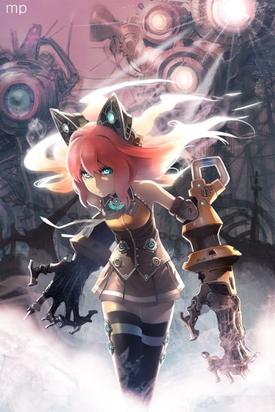 Anime picture 2000x3000 with vocaloid seeu ladic single long hair tall image looking at viewer highres blue eyes bare shoulders red hair pleated skirt wind pointy ears smoke walking girl thighhighs skirt black thighhighs