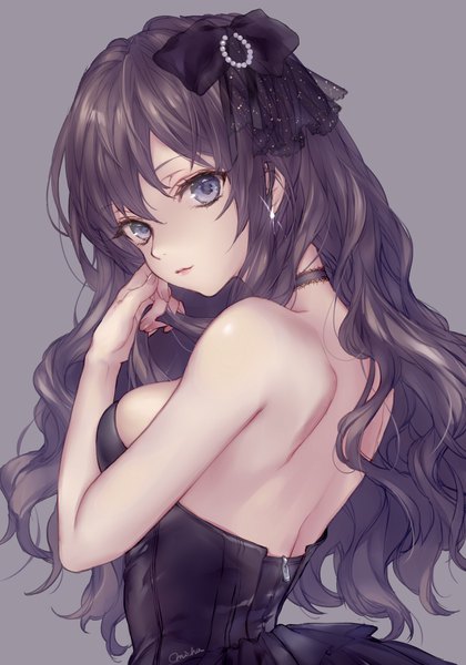 Anime picture 1500x2143 with idolmaster idolmaster cinderella girls ichinose shiki michudx (michudayo) single long hair tall image looking at viewer fringe breasts blue eyes simple background hair between eyes brown hair signed upper body fingernails lips sparkle turning head