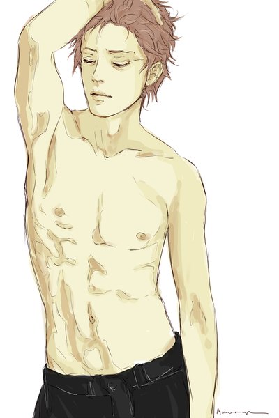 Anime picture 1333x2000 with naruto studio pierrot naruto (series) uchiha shisui mornesonge single tall image short hair simple background brown hair white background signed nipples eyes closed armpit (armpits) topless hand on head shirtless boy