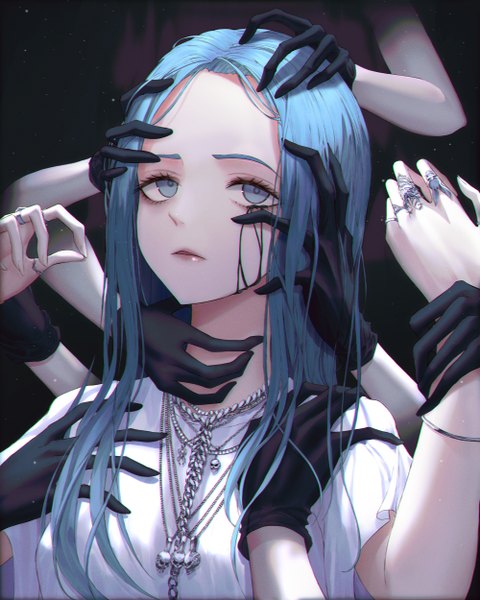 Anime picture 2000x2500 with real life billie eilish xeonomi long hair tall image looking at viewer fringe highres blue eyes simple background blue hair upper body parted lips black background solo focus expressionless hand on another's shoulder hand on another's head hand on another's face girl