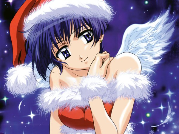 Anime picture 1600x1200 with ai yori aoshi j.c. staff sakuraba aoi fumizuki kou single looking at viewer fringe short hair blue eyes smile bare shoulders blue hair upper body head tilt fur trim angel wings cropped girl hat earrings