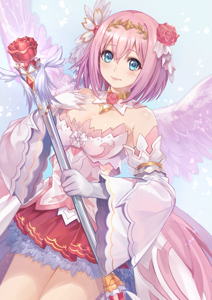 Anime picture 1810x2560 with princess connect! re:dive princess connect! yui (princess connect!) itou youichi single tall image fringe highres short hair blue eyes hair between eyes signed looking away pink hair cleavage twitter username hand on chest girl skirt detached sleeves