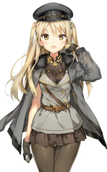 Anime picture 898x1440 with original anmi single long hair tall image looking at viewer blush fringe open mouth simple background blonde hair hair between eyes white background twintails holding brown eyes pleated skirt fur trim thigh gap adjusting hair