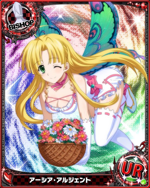 Anime picture 640x800 with highschool dxd asia argento single long hair tall image looking at viewer breasts light erotic blonde hair green eyes one eye closed wink card (medium) insect wings butterfly wings girl thighhighs dress gloves flower (flowers)