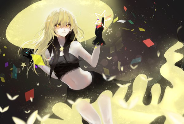 Anime picture 2622x1771 with touhou kirisame marisa haiena single long hair highres blonde hair smile bare shoulders yellow eyes bare belly glowing symbol-shaped pupils pale skin girl skirt gloves navel hat black gloves