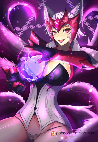 Anime picture 1024x1475 with league of legends ahri (league of legends) torahime (roland00) single tall image short hair breasts light erotic smile animal ears silver hair purple hair tail pink eyes lipstick huge breasts magic facial mark fox girl multiple tails