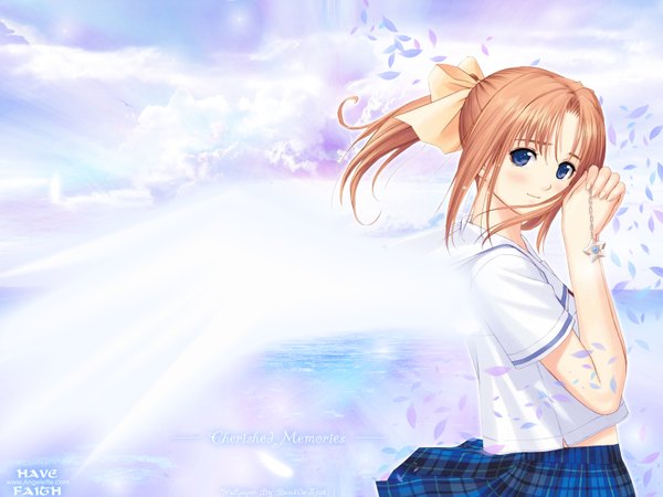 Anime picture 1600x1200 with after after sweet kiss shiomiya kanami tony taka looking at viewer short hair blue eyes blonde hair light smile inscription girl bow hair bow serafuku