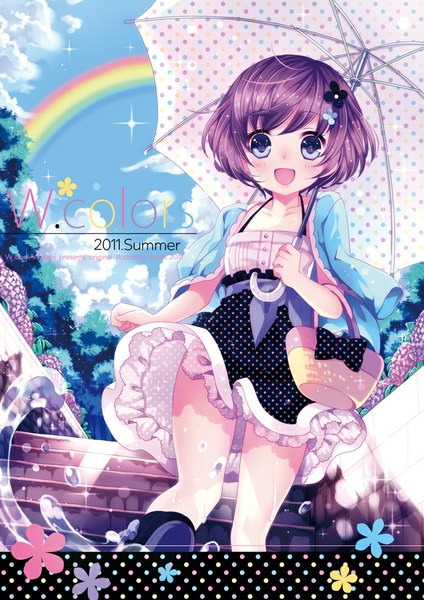Anime picture 700x990 with original wasabi (sekai) single tall image looking at viewer blush fringe short hair open mouth blue eyes brown hair sky cloud (clouds) hair flower open clothes open jacket happy girl dress hair ornament