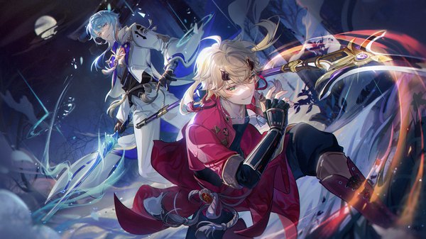 Anime picture 4500x2531 with genshin impact kamisato ayato thoma (genshin impact) pines29405413 long hair highres blonde hair smile wide image green eyes blue hair absurdres ahoge multiple boys from below low ponytail fighting stance boy weapon sword