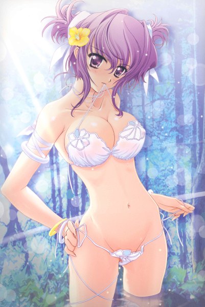 Anime picture 3465x5183 with sugiyama genshou single tall image looking at viewer blush highres short hair breasts light erotic large breasts twintails purple eyes absurdres purple hair hair flower hand on hip short twintails blue background undressing girl