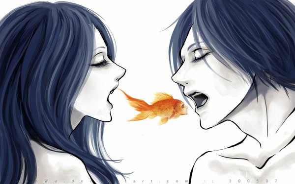 Anime picture 900x565 with original lan wu long hair short hair open mouth black hair simple background white background bare shoulders eyes closed pale skin face to face girl boy animal fish (fishes) goldfish