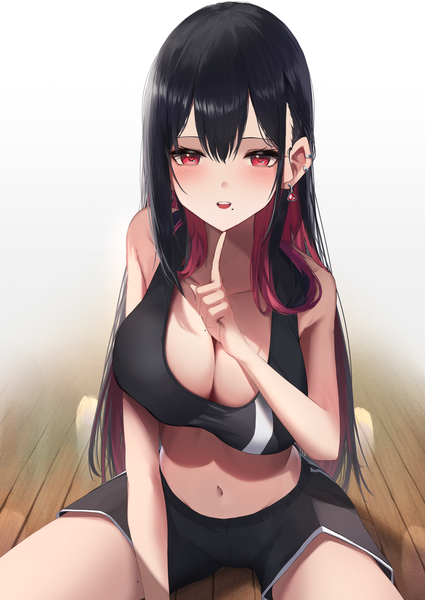 Anime picture 2508x3541 with original amane sora single long hair tall image looking at viewer blush fringe highres breasts open mouth light erotic black hair simple background smile hair between eyes red eyes large breasts white background sitting