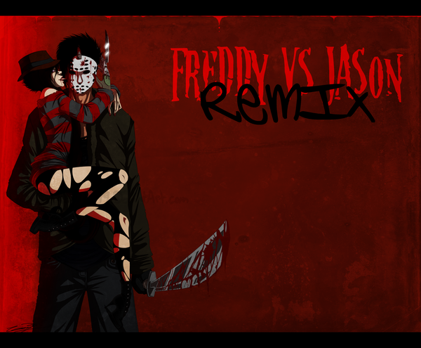 Anime picture 4000x3300 with friday the 13th a nightmare on elm street freddy vs jason jason vorhees freddy krueger highres black hair absurdres torn clothes striped red background licking boy weapon hat blood mask knife machete