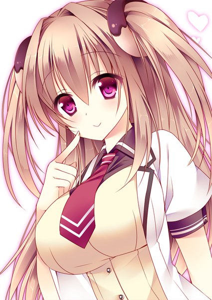 Anime picture 724x1023 with original cassini m bisuko sorai shin'ya single long hair tall image blush fringe breasts simple background smile hair between eyes brown hair large breasts white background purple eyes twintails finger to mouth girl uniform