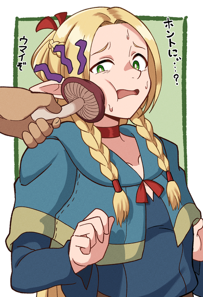 Anime-Bild 2200x3200 mit dungeon meshi studio trigger marcille donato kiteman442 long hair tall image highres simple background blonde hair green eyes looking away braid (braids) pointy ears sweat twin braids text border solo focus outside border green background