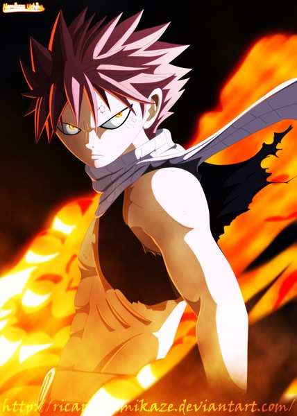 Anime picture 2856x4000 with fairy tail natsu dragneel ricardonamikaze single tall image highres short hair yellow eyes pink hair sleeveless torn clothes coloring magic muscle boy scarf fire