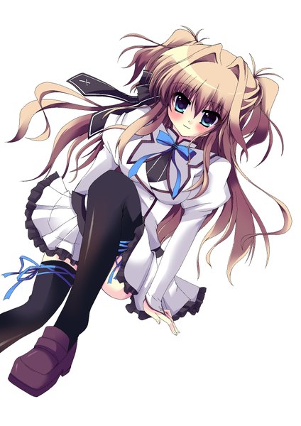 Anime picture 1500x2120 with mashiroiro symphony sena airi kazuta (kazutan62) single long hair tall image blush blue eyes simple background brown hair white background girl thighhighs uniform black thighhighs school uniform serafuku