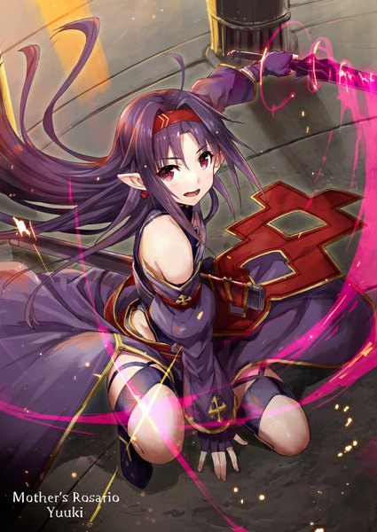 Anime picture 638x900 with sword art online a-1 pictures yuuki (sao) gabiran single long hair tall image blush fringe open mouth purple eyes purple hair ahoge bent knee (knees) from above pointy ears happy looking up squat glowing weapon