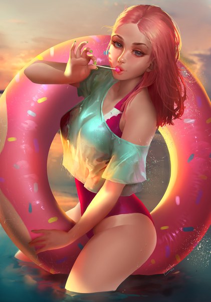 Anime picture 1405x2000 with original aechanart single long hair tall image looking at viewer breasts blue eyes light erotic standing bare shoulders holding pink hair sky cloud (clouds) outdoors nail polish lips realistic off shoulder