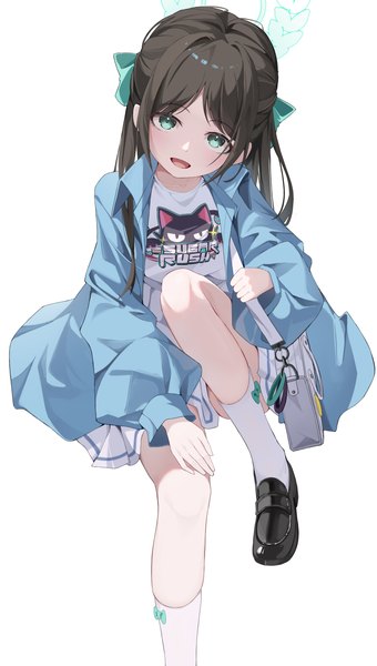 Anime-Bild 2316x4093 mit blue archive airi (blue archive) airi (band) (blue archive) dowal single long hair tall image looking at viewer highres open mouth simple background brown hair white background sitting head tilt :d aqua eyes official alternate costume girl socks