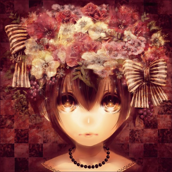 Anime picture 1000x1000 with original mirusa single looking at viewer short hair brown hair brown eyes upper body hair flower checkered background girl hair ornament bow