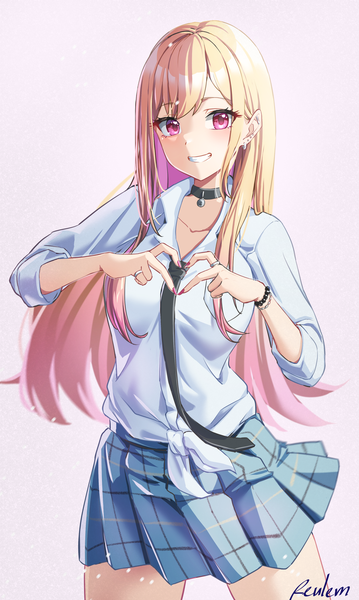 Anime picture 1363x2280 with sono bisque doll wa koi wo suru cloverworks kitagawa marin reulem single long hair tall image simple background blonde hair smile pleated skirt pink eyes grin piercing ear piercing pink background front-tie top heart hands girl skirt