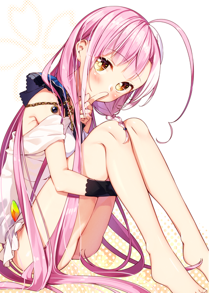 Anime picture 1191x1670 with original sakuragi ren single tall image looking at viewer blush fringe light erotic simple background white background sitting bare shoulders yellow eyes pink hair ahoge bent knee (knees) ass braid (braids) very long hair head tilt