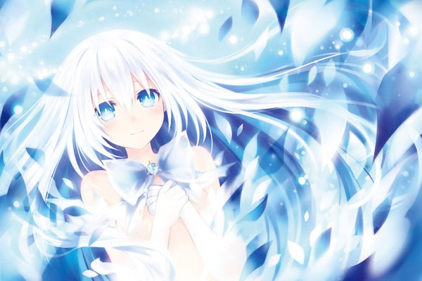 Anime picture 2896x1933 with date a live tobiichi origami tsunako single looking at viewer fringe highres blue eyes light erotic hair between eyes white hair light smile symbol-shaped pupils spoilers girl gloves white gloves