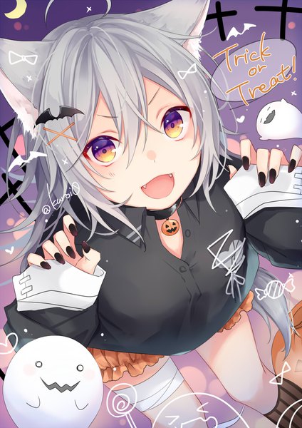 Anime picture 800x1131 with original kuroi (liar-player) single long hair tall image looking at viewer fringe open mouth hair between eyes signed animal ears silver hair ahoge tail long sleeves nail polish :d animal tail from above fang (fangs)