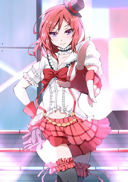 Anime picture 900x1280 with love live! school idol project sunrise (studio) love live! nishikino maki kaeru (ka=l) single tall image looking at viewer blush short hair smile purple hair red hair pleated skirt zettai ryouiki puffy sleeves hand on hip outstretched arm pointing girl