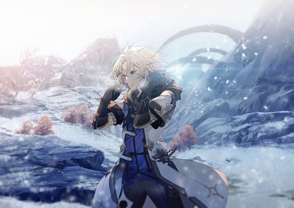 Anime picture 1200x848 with genshin impact albedo (genshin impact) mono (freerotary) single short hair blue eyes blonde hair standing looking away outdoors snowing snow boy gloves black gloves elbow gloves