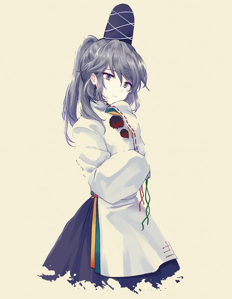 Anime picture 900x1160 with touhou mononobe no futo uranaishi (miraura) single long hair tall image simple background looking away ponytail long sleeves traditional clothes japanese clothes grey hair grey eyes yellow background girl hat
