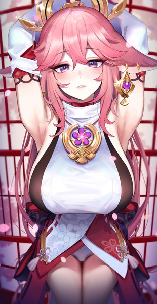Anime-Bild 1300x2518 mit genshin impact yae miko hym9594 single long hair tall image looking at viewer blush fringe breasts light erotic hair between eyes large breasts standing purple eyes animal ears payot pink hair traditional clothes parted lips
