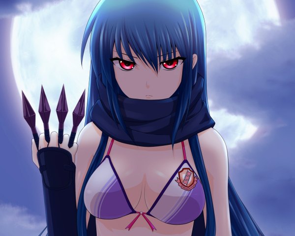 Anime picture 1250x1000 with angel beats! key (studio) ninja shiina akahige single long hair looking at viewer breasts light erotic red eyes blue hair girl swimsuit bikini scarf moon kunai