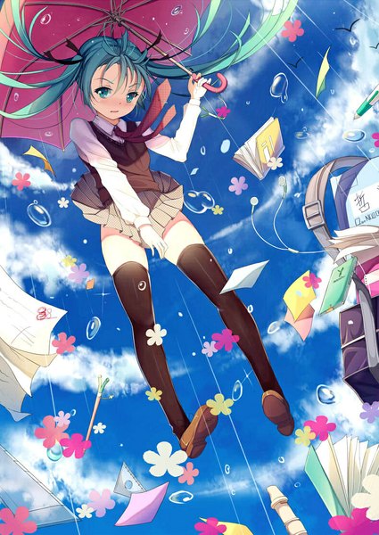 Anime picture 789x1115 with vocaloid hatsune miku soulkiller (brz) tall image blush twintails sky cloud (clouds) very long hair aqua eyes aqua hair rain skirt lift girl thighhighs skirt uniform flower (flowers) black thighhighs school uniform