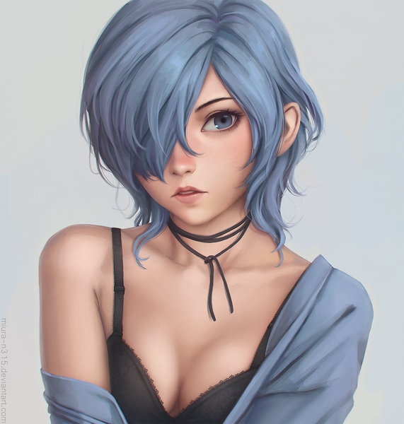 Anime picture 1200x1260 with tokyo ghoul studio pierrot kirishima touka miura-n315 single tall image looking at viewer fringe short hair breasts blue eyes light erotic simple background signed blue hair parted lips lips hair over one eye realistic off shoulder