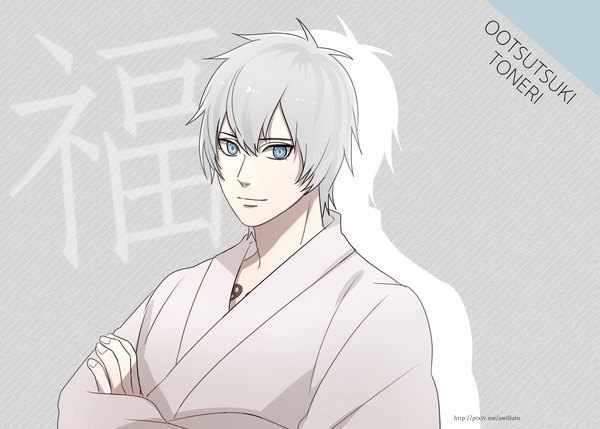 Anime picture 1538x1100 with naruto studio pierrot naruto (series) ootsutsuki toneri ahri (will) single looking at viewer fringe short hair blue eyes simple background hair between eyes signed silver hair upper body traditional clothes japanese clothes light smile grey background tattoo