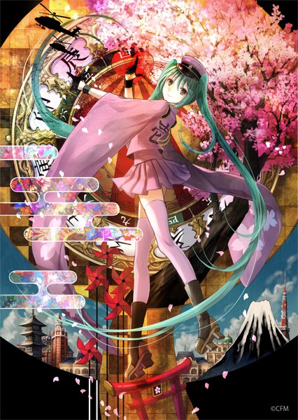 Anime picture 1128x1588 with vocaloid senbonzakura (vocaloid) hatsune miku fuzichoco tall image looking at viewer smile twintails brown eyes very long hair green hair wide sleeves zettai ryouiki cherry blossoms cityscape egasumi girl thighhighs skirt gloves