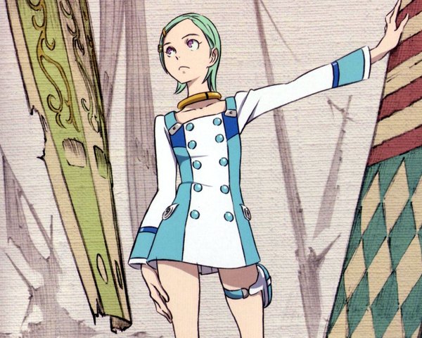 Anime picture 1280x1024 with eureka seven studio bones eureka yoshida ken'ichi single short hair purple eyes looking away arm up aqua hair cropped girl dress hair ornament hairclip large buttons