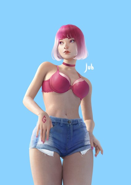 Anime picture 1240x1754 with original greyzie angel jubi (regiana) single tall image fringe short hair breasts light erotic simple background large breasts purple eyes bare shoulders signed looking away pink hair blunt bangs nail polish parted lips realistic