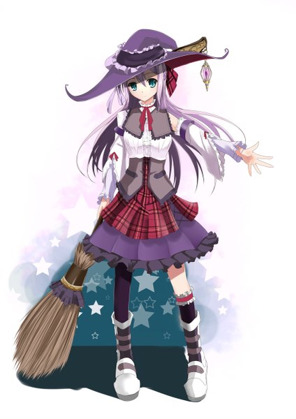 Anime picture 849x1200 with original fatkewell single long hair tall image looking at viewer blue eyes purple hair witch girl dress detached sleeves boots star (symbol) witch hat broom