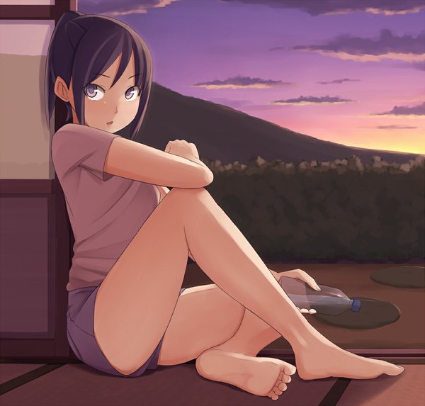 Anime picture 1100x1052 with original pinkwaters short hair black hair brown eyes ponytail barefoot bare legs legs evening sunset mountain girl