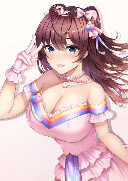 Anime picture 1200x1694 with idolmaster idolmaster cinderella girls idolmaster cinderella girls starlight stage ichinose shiki kannko bokujou single long hair tall image blush fringe breasts open mouth blue eyes light erotic simple background smile hair between eyes brown hair standing bare shoulders