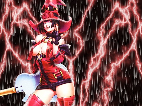 Anime picture 1152x864 with guilty gear i-no single short hair breasts light erotic black hair mole rain lightning girl fingerless gloves witch hat guitar bass guitar