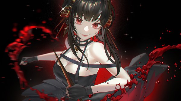 Anime picture 1366x768 with spy x family yor briar lidali single long hair looking at viewer breasts light erotic black hair smile red eyes wide image large breasts cleavage upper body sparkle skindentation girl gloves fingerless gloves