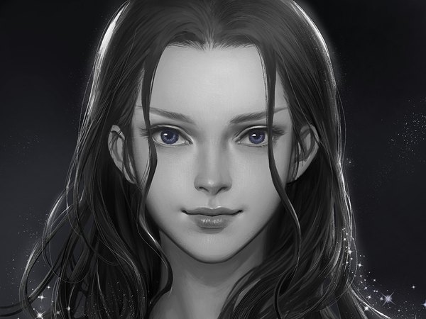 Anime picture 1000x750 with one piece toei animation nico robin shitsu soku k single long hair looking at viewer simple background purple eyes lips realistic sparkle black background monochrome portrait spot color girl