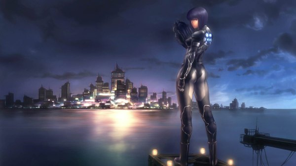 Anime picture 1920x1080 with ghost in the shell ghost in the shell: stand alone complex production i.g kusanagi motoko single looking at viewer highres short hair breasts red eyes wide image standing sky purple hair cloud (clouds) full body ass looking back night wallpaper